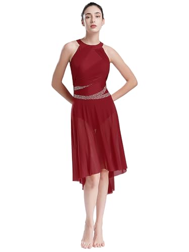 Yhong Damen Ballettkleid Lyrisches Tanz Kostüm mit Mesh Asymmetrisch Rock Ballett Trikot Body Kleid modernen zeitgenössischen Tanz Tüllkleid Burgundy S von Yhong