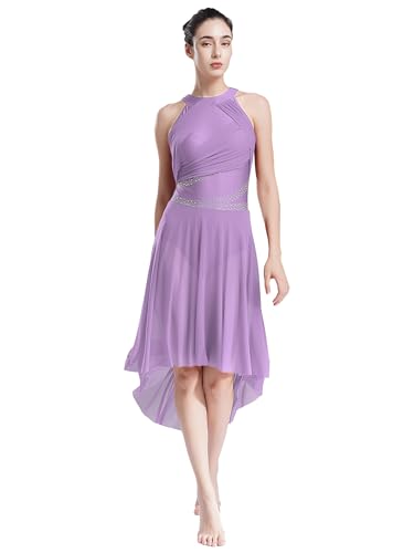 Yhong Damen Ballettkleid Lyrisches Tanz Kostüm mit Mesh Asymmetrisch Rock Ballett Trikot Body Kleid modernen zeitgenössischen Tanz Tüllkleid Helles Lila L von Yhong