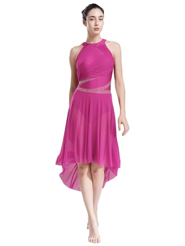 Yhong Damen Ballettkleid Lyrisches Tanz Kostüm mit Mesh Asymmetrisch Rock Ballett Trikot Body Kleid modernen zeitgenössischen Tanz Tüllkleid Hot Pink S von Yhong
