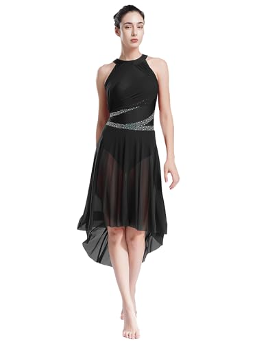 Yhong Damen Ballettkleid Lyrisches Tanz Kostüm mit Mesh Asymmetrisch Rock Ballett Trikot Body Kleid modernen zeitgenössischen Tanz Tüllkleid Schwarz L von Yhong