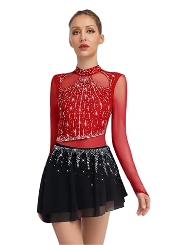 Yhong Damen Eiskunstlauf Kleid Langarm Kürkleid mit Strasssteine Mesh Spleiß Tanzkleider Glitzer Trikot mit Gefaltet Röckchen Wettbewerb Tanzkostüm Burgundy M von Yhong