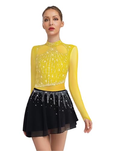 Yhong Damen Eiskunstlauf Kleid Langarm Kürkleid mit Strasssteine Mesh Spleiß Tanzkleider Glitzer Trikot mit Gefaltet Röckchen Wettbewerb Tanzkostüm Gelb XXL Yhong Damen Eiskunstlauf Kleid Langarm Kürkleid mit Strasssteine Mesh Spleiß Tanzkleider Glitzer Trikot mit Gefaltet Röckchen Wettbewerb Tanzkostüm Gelb XXL von Yhong