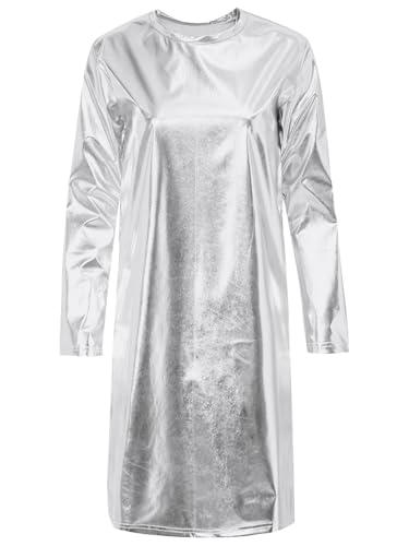 Yhong Damen Metallic T-Shirt Kleid Rundhals Tops Lang Unterhemd Langarm Festlich Hemdkleid Lose MiniKleid für Clubwear Rave Outfits Silber L von Yhong