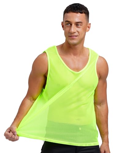 Yhong Herren Netzhemd Transparent Muskel Oberteile Tank Top Casual Locker Unterhemd Ärmellos Netzshirt Sommer Unterhemd Gogo Clubwear- L-XL Leuchtendes Grün L von Yhong
