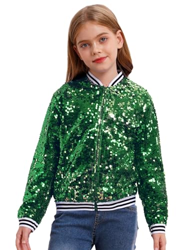 Yhong Jungen Mädchen Metallic Jacke Mit Reißverschluss Pailletten Glänzend Bomberjacke Langarm Sportjacke Übergangsjacke Karneval Fasching Kostüm Grün 170 von Yhong