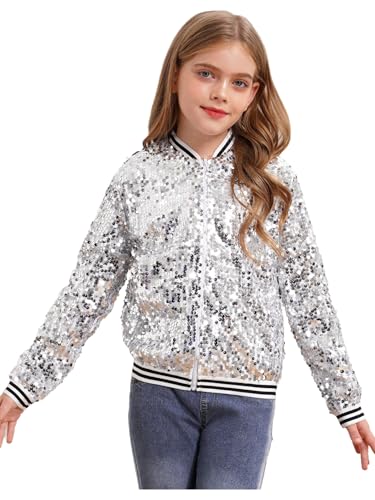 Yhong Jungen Mädchen Metallic Jacke Mit Reißverschluss Pailletten Glänzend Bomberjacke Langarm Sportjacke Übergangsjacke Karneval Fasching Kostüm Silber 170 von Yhong
