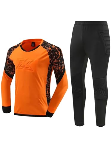 Yhong Kinder Jungen Torwart Trikot Fußball Traningsset Lange Ärmel Gepolstert Tormann Tops Hose Set Schutz Ausrüstung Torwarttrikot Fußballtrikot Orange 170 von Yhong