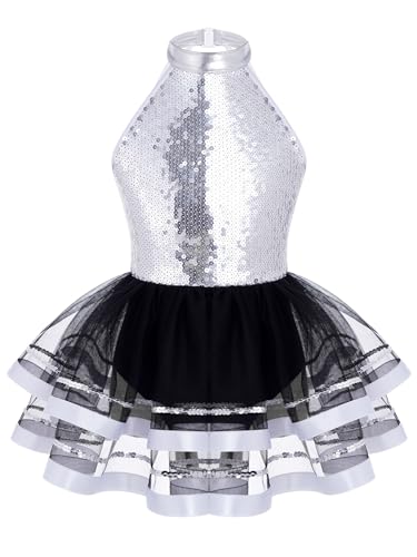 Yhong Mädchen Pailletten Ballettkleid Ärmellos Tanzkleid Balletttrikot Tanzbody mit Tutu Rock Skating Ballerina Kostüm Tanzkleidung Ballettkleidung Silber 140 von Yhong
