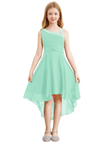 Yhong Mädchen Sommer EIN-Schulter Chiffon Kleid Süßes Prinzessin Festlich Kleid Schulterfrei A-Linien Freizeitkleid Kommunionkleid Minzgrün 134-140 von Yhong