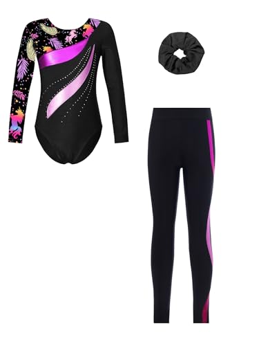 Yhong Mädchen Turnanzug Langarm Gymnastik Leotard Turnbody Jumpsuit mit Lang Leggings Haarband Akrobatik Anzug Wettbewerb Tanzkostüme Schwarz & Rosa 134-140 von Yhong