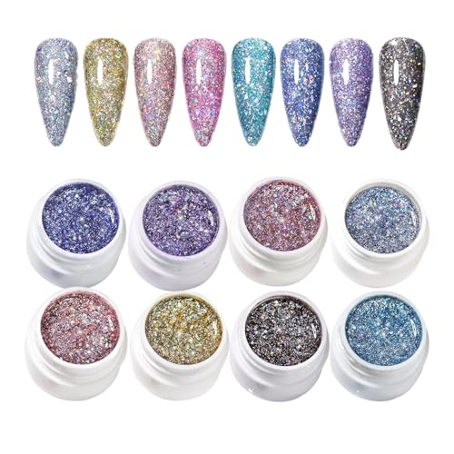 UV Nagellack Glitzer | 8 Stück Reflektierender Glitzer Gel Nagellack Set | Schimmer-Gel | 8 Farben Glitzer-Lack-Set mit Kunst-Design für Maniküre Pediküre Frauen & Mädchen zu Hause UV Nagellack Glitzer | 8 Stück Reflektierender Glitzer Gel Nagellack Set | Schimmer-Gel | 8 Farben Glitzer-Lack-Set mit Kunst-Design für Maniküre Pediküre Frauen & Mädchen zu Hause von Yhsioaklo
