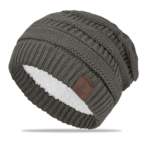 Yhsvie Beanie Mütze Herren Damen Wollmütze Unisex Strickmütze Winter Warme Mützen Beanie Hut Thermo Stricken Wintermütze Slouchy Thick Skull Cap mit Fleece Innenfutter klassisches Herrenhat Dunkelgrau von Yhsvie