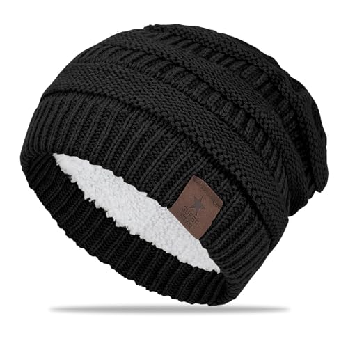 Yhsvie Beanie Mütze Herren Damen Wollmütze Unisex Strickmütze Winter Warme Mützen Beanie Hut Thermo Stricken Wintermütze Slouchy Thick Skull Cap mit Fleece Innenfutter klassisches Herrenhat Schwarz von Yhsvie