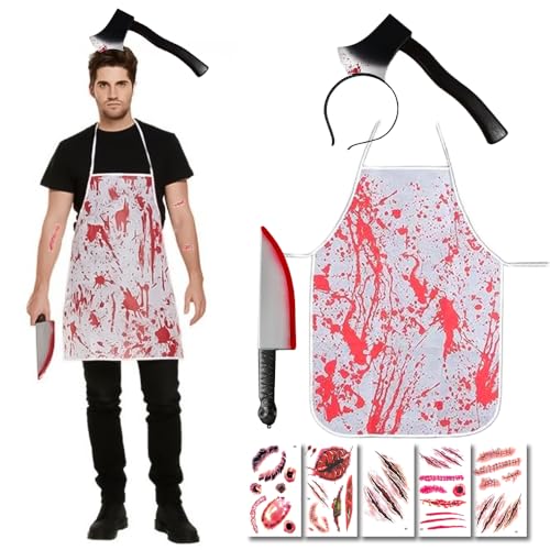 Yi'antai Metzger Kostüm Halloween, Halloween Kostüm Herren, Axt Haarreif mit Blut Halloween, Halloween Blutige Schürze, Kunststoff Messer Blutige, Halloween Narben Tattoos von Yi'antai