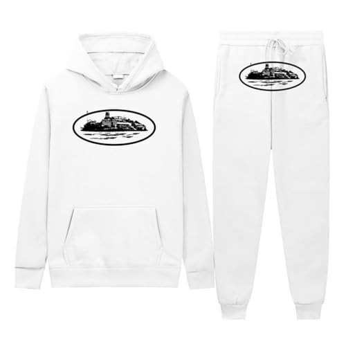 YiJee Herren Damen Corteiz Hoodies und Jogginghose 2-teiliges Set Drucken Hip-Hop Jogginganzug Warm Samtfutter Sweatshirt Kapuzenpullover und Jogginghose Weiß M von YiJee