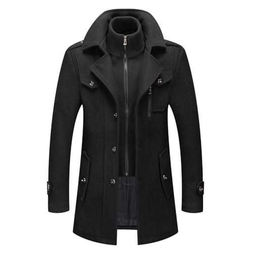 YiJee Herren Wintermantel, Slim Fit Zweiteiliger Mantel für Business und Freizeit, Schwarzer Wollmantel mit Stehkragen Peacoat und Warmer Integrierter Innenjacke von YiJee