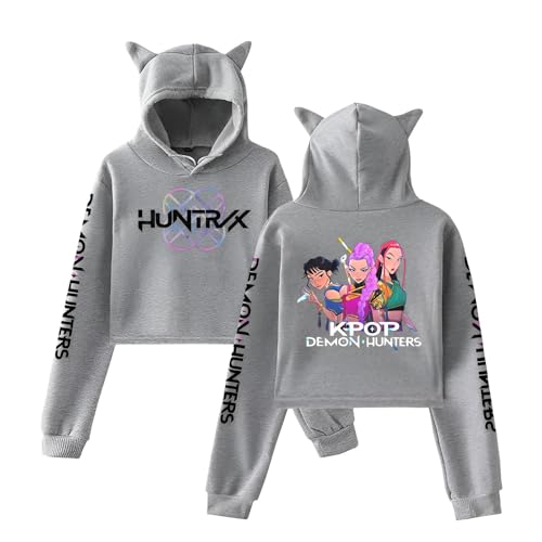 YiJee KPop Huntrix Hoodie Damen, Crop Hoodie mit Katzenohren, K-Pop Streetwear Kapuzenpullover mit Anime-Druck, Langarm Sweatshirt Lässige Oberteile für Teenager & Frauen von YiJee