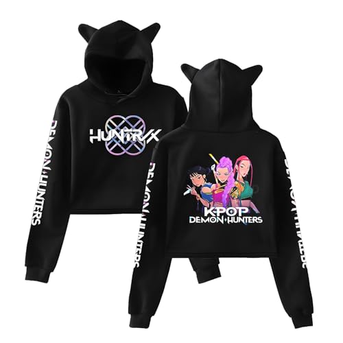 YiJee KPop Huntrix Hoodie Damen, Crop Hoodie mit Katzenohren, K-Pop Streetwear Kapuzenpullover mit Anime-Druck, Langarm Sweatshirt Lässige Oberteile für Teenager & Frauen von YiJee
