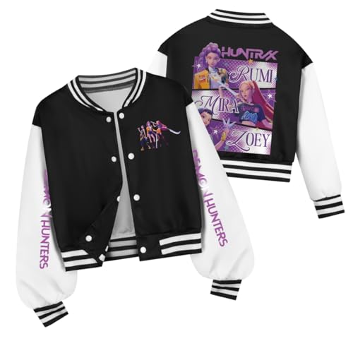 YiJee KPop Huntrix Sweatjacke für Mädchen Jungen, K-Pop College Jacke mit Anime Print, Langarm Streetwear Bomberjacke für Kinder & Teenager 2-16 Jahre von YiJee