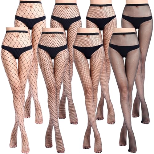 YiJiuBa 8 Paar Netzstrumpfhose Schwarz für Damen, 8 Stücke Fishnet Stockings, Netzstrümpfe Fischnetz Tights mit 4 Arten, Hohe Taille Fischernetz, Mode Strumpfhosen für Frauen Valentinstag von YiJiuBa
