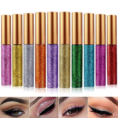 Glitter Flüssiger Eyeliner Metallic Glitter Funkelnder Lidschatten Hochpigmentiertes Gesichtsauge Kosmetik Glow Schimmer Makeup Bunte Aufhellen Lidschatten Lang anhaltender Funkelnder 10 COLOR von YiKiMira
