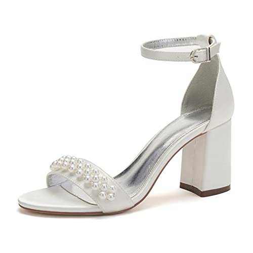 Damen Brautschuhe Blockabsatz Hochzeitsschuhe Süße Offene Spitze Satin Pumps Für Hochzeit & Abend,Ivory White,38 EU von YiLuFanHua