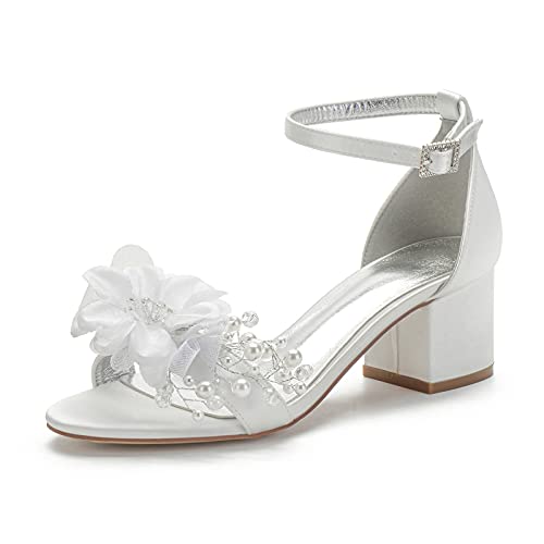 YiLuFanHua Damen Brautschuhe Offener Zeh Sommer Sandalen Minimalismus Satin Nachgemachte Perle Blume Pumps Für Hochzeitsfeier Oder Abend,Ivory white,39 EU von YiLuFanHua