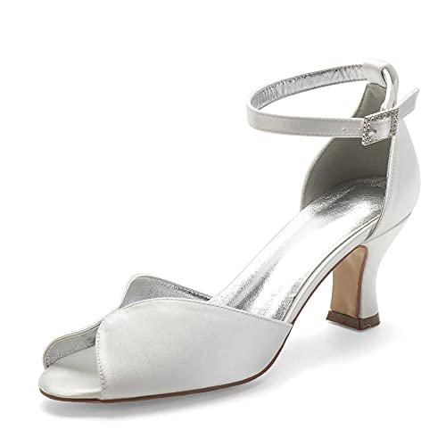 YiLuFanHua Damen Brautschuhe Cone Heel Offene Zehensandalen Klassische Satin Sommerhochzeitsschuhe,Ivory White,39 EU von YiLuFanHua