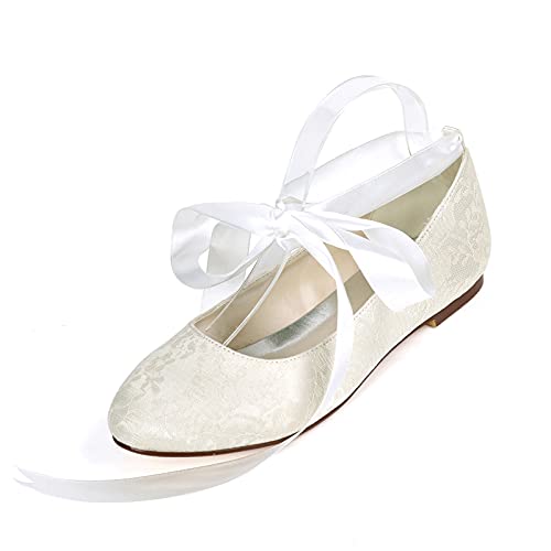 YiLuFanHua Damen Brautschuhe Flacher Absatz Runde Zehe Hochzeitsschuhe Minimalismus Spitze Floral Schnürschuhe Größe,Ivory White,44 EU von YiLuFanHua