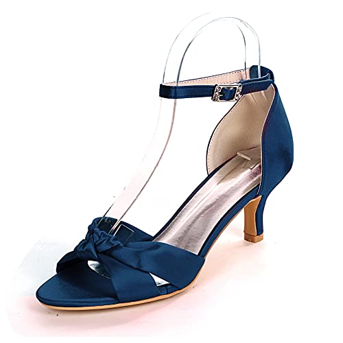 YiLuFanHua Damen Brautschuhe Kitten Heel Offene Zehen Sandalen Minimalismus Satin Solide Schuhe Für Hochzeit Oder Abend,Dark Blue,39 EU von YiLuFanHua