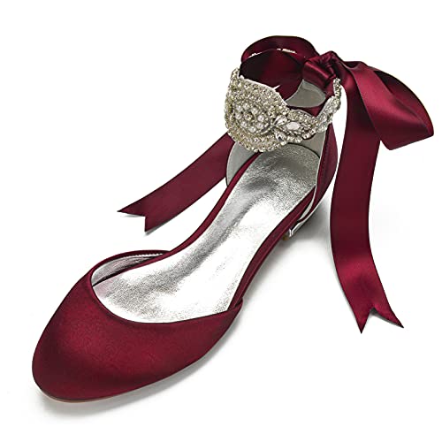 YiLuFanHua Damen Hochzeitsschuhe Flacher Absatz Runde Zehe Brautschuhe Sexy Satin Strass Schnürschuhe Für Hochzeitsfeier & Abend,Burgundy,38 EU von YiLuFanHua