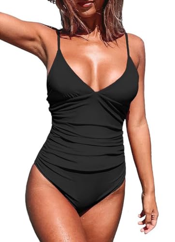 YiMai Badeanzug Damen Bauchweg Schlankheits Push Up Bademode V Ausschnitt Badeanzug Damen Modische Monokini Einteilige Bademode (DE/NL/SE/PL, Alphanumerisch, XXL, Regular, Regular, Schwarz-1) von YiMai