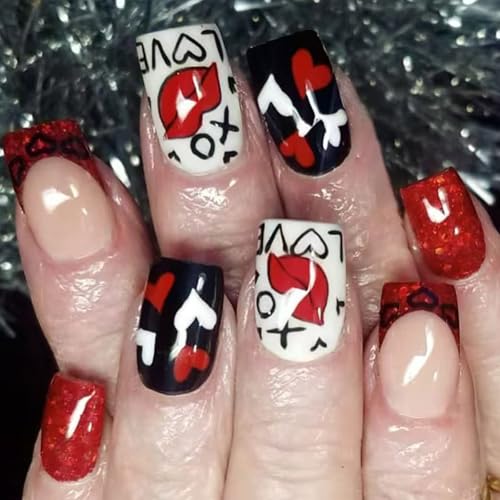 24 Stück Quadratische Nägel Zum Aufdrücken Valentinstag Französische Kunstnägel Acryl Kunstnägel Künstliche Nägel Kleber Auf Den Nägeln Für Damen von YiNLuax