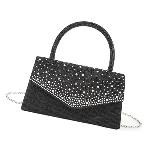 Anspruchsvolle Damen Abendtasche mit funkelnden Strasssteinen Dekoration Plissee Handtasche Schultertasche für Brautjungfern, Schwarz von YiNLuax