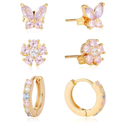 Stilvolle Farbenfrohe Zirkonia Eingelegtes Hoop Ohrringe Set Blumen Schmetterling Knorpel Stollen Ohrringe Accessoires Für Damen von YiNLuax
