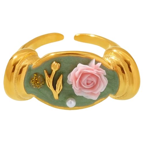 YiNLuax Elegant Edelstahl Rose Perle Verstellbare Ringe Drop Öl Blumenschmuck Für Ihren Edelstahl Email Vorhanden von YiNLuax