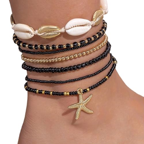 YiNLuax Marine Inspirierte Fußkettchenkollektion 7pcs Glaskristall Fuß Schmuck Schwarzweiß Meer Knöchelketten Für Outdoor Festival Street Glass Sea Star Ankänen von YiNLuax