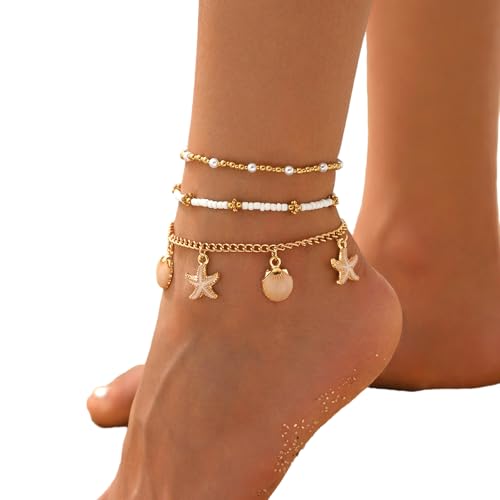 YiNLuax Mode Strandfußschmuck Set 3 Styles Schichtschalenschale Fußkettchen Mit Und Glasperlen Puka Shell Foot Chain Jewelry von YiNLuax