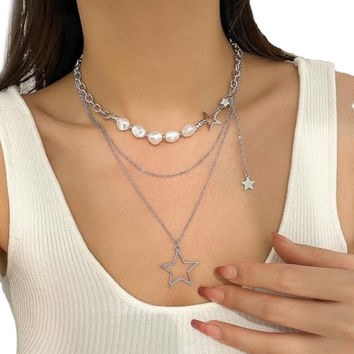 YiNLuax Moderne Mehrschichtige Star Anhänger Imitation Perlen Halskette Verstellbare Länge Neckchain Legierung Schmuck Geschenk Für Frauen Männer Vielseitige Länge Verstellbare Krawatte von YiNLuax