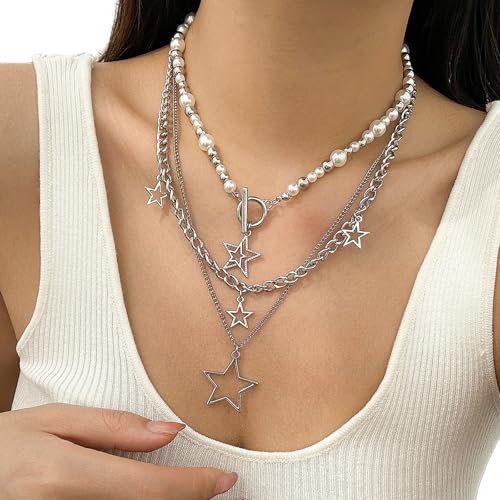 YiNLuax Moderne Mehrschichtige Star Anhänger Imitation Perlen Halskette Verstellbare Länge Neckchain Legierung Schmuck Geschenk Für Frauen Männer Vielseitige Länge Verstellbare Krawatte von YiNLuax