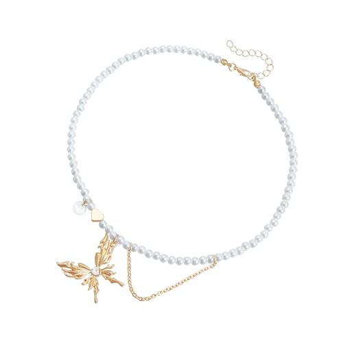 YiNLuax Stylish Crystal Butterfly Heart Pendell Halskette Geschmückt Mit Simulierten Perlen Fringe Tropfen Leichtes Schmuck Herzgeformte Zirkon Anhänger Halskette von YiNLuax