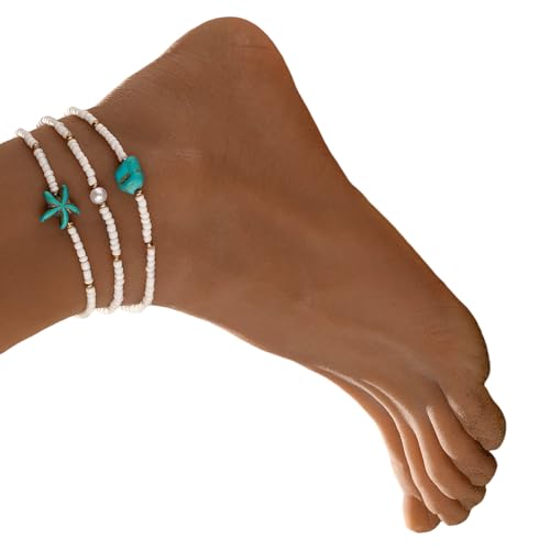 YiNLuax Tragbares Dehnbares Fußkettchen Trio Styles Turquoise Sternenfische Perlen Fußschmuck Für Strandurlaubsferien Fußkettchen von YiNLuax