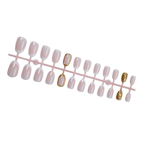 24 Stück Kurze Weiße Nägel Zum Aufdrücken Französische Spitze Runde Kunstnägel Mit 3D Goldstreifen Textur Designs Für Damen Maniküre von YiQinzcxg