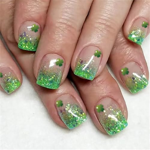 24 Stück Patrick's Day Nagelnägel Zum Aufkleben Grünes Kleeblatt Zum Aufdrücken Auf Die Nägel Kurze Sarg Stile Künstliche Nägel Für Frauen Und Mädchen von YiQinzcxg
