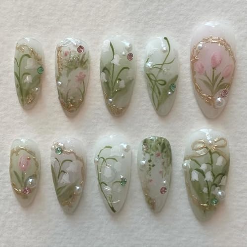 24pcs Press Auf Nägel Mandel Mandel False Nails Blumendesign Acrylnägel Mit 3D Strasssteinen Und Perlennägeln Kunst Für Frauen von YiQinzcxg