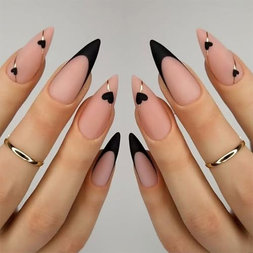 Matte Künstliche Nägel Französische Spitzen Zum Aufdrücken Der Nägel Mit Herz Designs Mandel Valentinstag Künstliche Nägel Für Frauen 48 Stück von YiQinzcxg