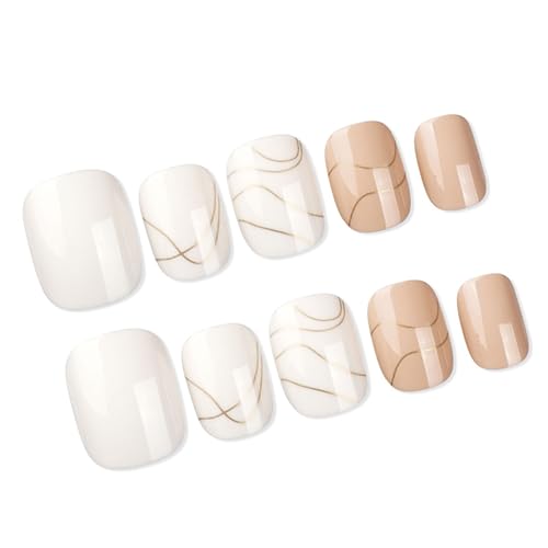 Packung Mit 24 Nägeln Zum Aufdrücken Mit Goldlinien Designs Einfache Kurze Länge Französische Spitze Quadratische Form Klebt Künstliche Nägel Für Frauen von YiQinzcxg