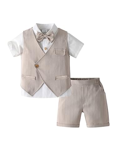 YiZYiF 3 STK Kinder Baby Junge Festliche Anzüge Kurzarm Hemd Mit Fliege Weste Und Shorts Sommer Hochzeit Bekleidung Set Khaki 104-110 von YiZYiF