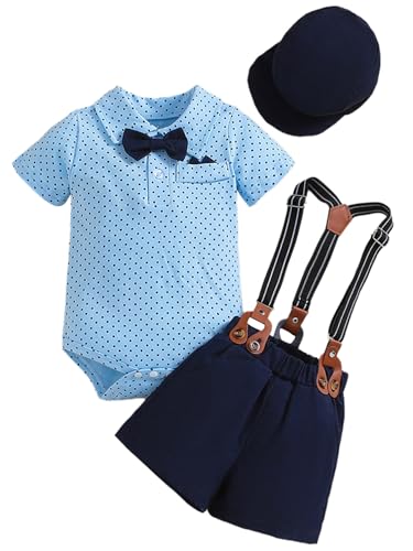 YiZYiF 3er Baby Jungen Anzug Sommer Fliege Punkt Kurzarmbody Hosenträger Shorts Hut Festlich Set Für Fotografie Hochzeit Geburtstag Himmelblau 86-92 von YiZYiF