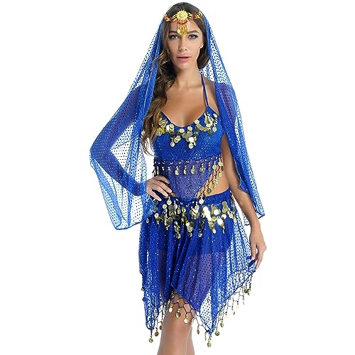 YiZYiF Damen Bauchtanz Kostüm Rock Oberteil Kopftuch Hüfttuch Belly Dance Kleid Set Indische Tanzkleidung Karneval Fasching Kostüm Royal Blau_A One Size von YiZYiF